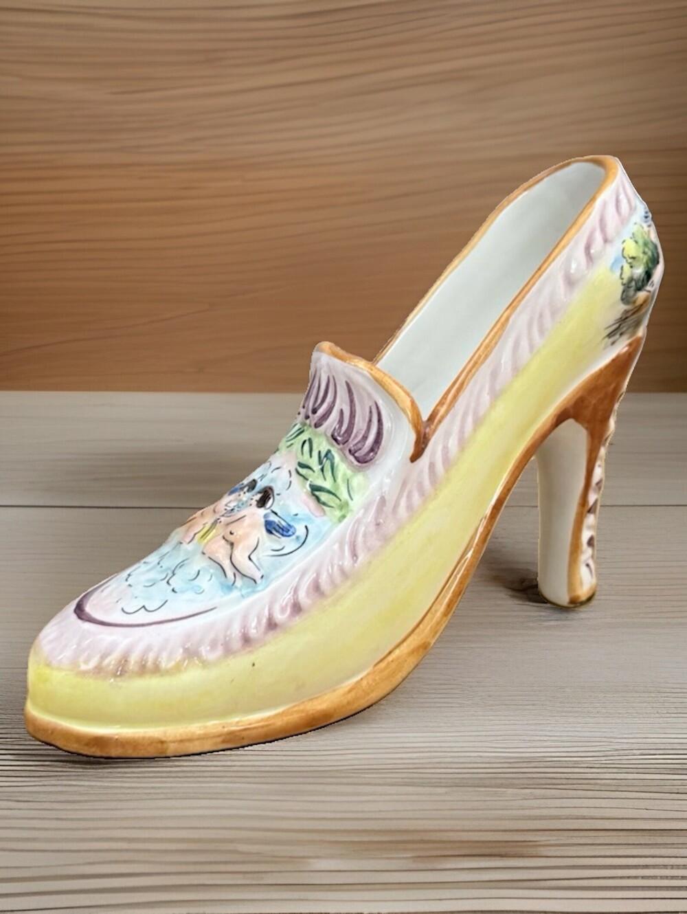 Vintage Collectible Capodimonte Ceramic HandPainted Yellow Shoe Italy  5"T 1960s